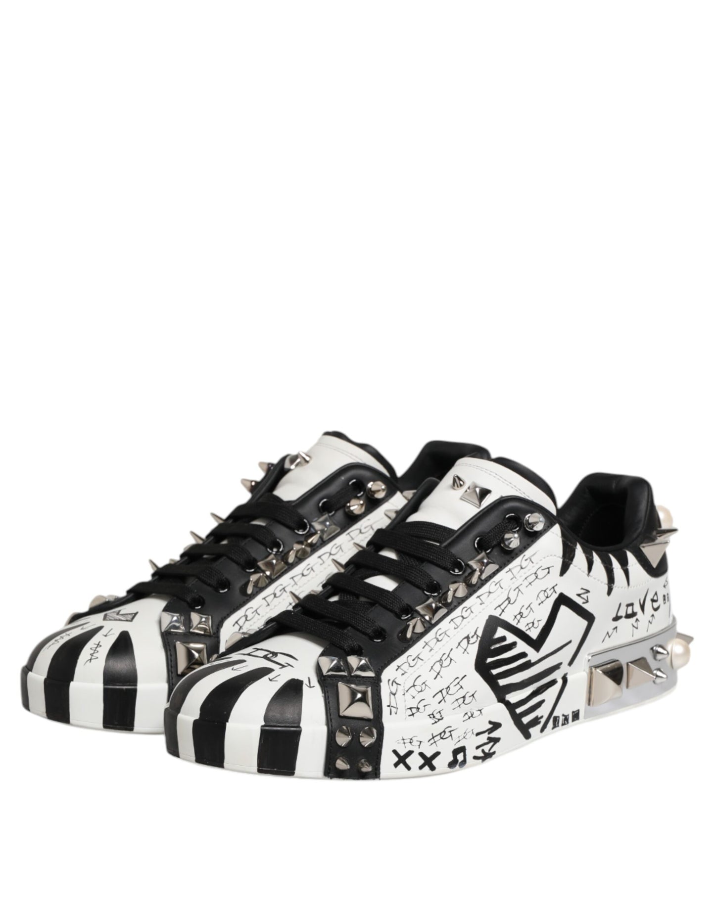 Dolce &amp; Gabbana Black White Studded Low Top Sneakers Shoes