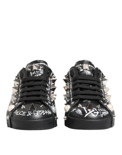 Dolce &amp; Gabbana Black Portofino Stud Embellished Sneakers Shoes