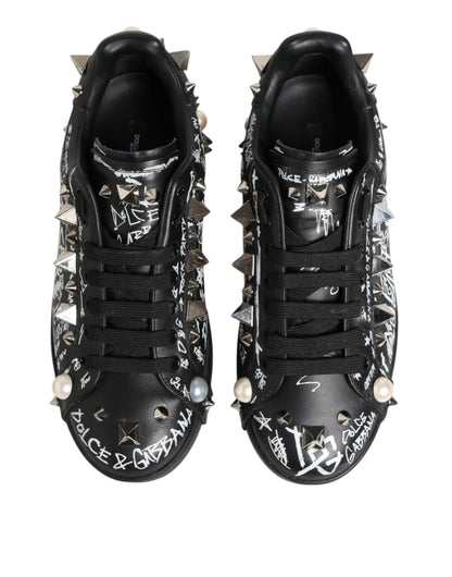 Dolce &amp; Gabbana Black Portofino Stud Embellished Sneakers Shoes