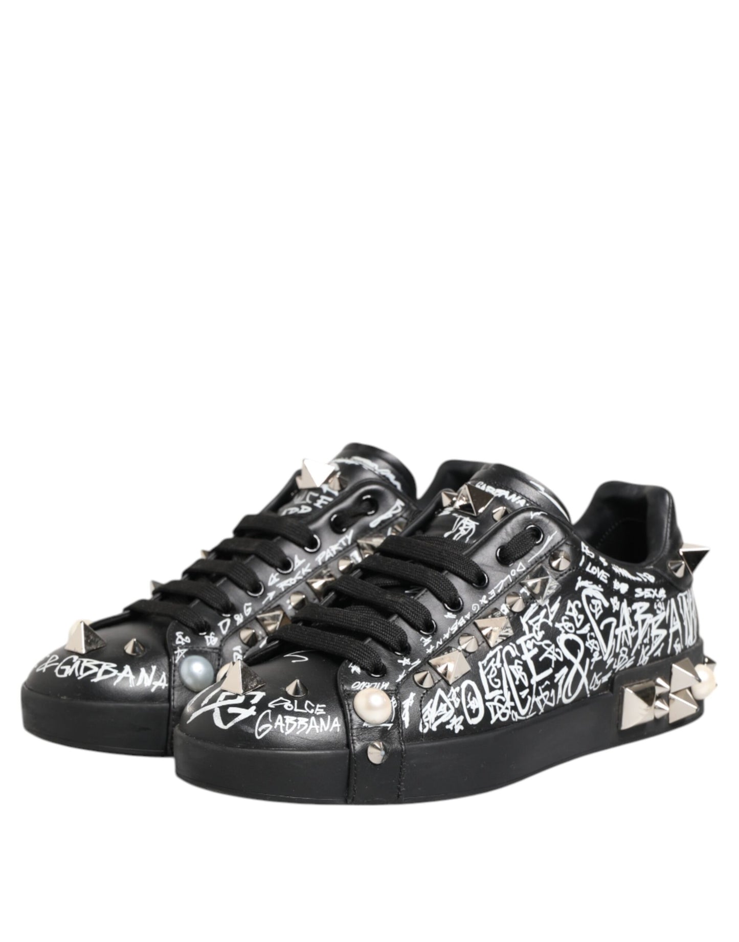 Dolce &amp; Gabbana Black Portofino Stud Embellished Sneakers Shoes