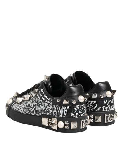 Dolce &amp; Gabbana Black Portofino Stud Embellished Sneakers Shoes