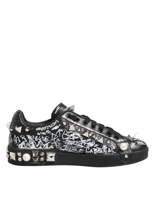 Dolce &amp; Gabbana Black Portofino Stud Embellished Sneakers Shoes