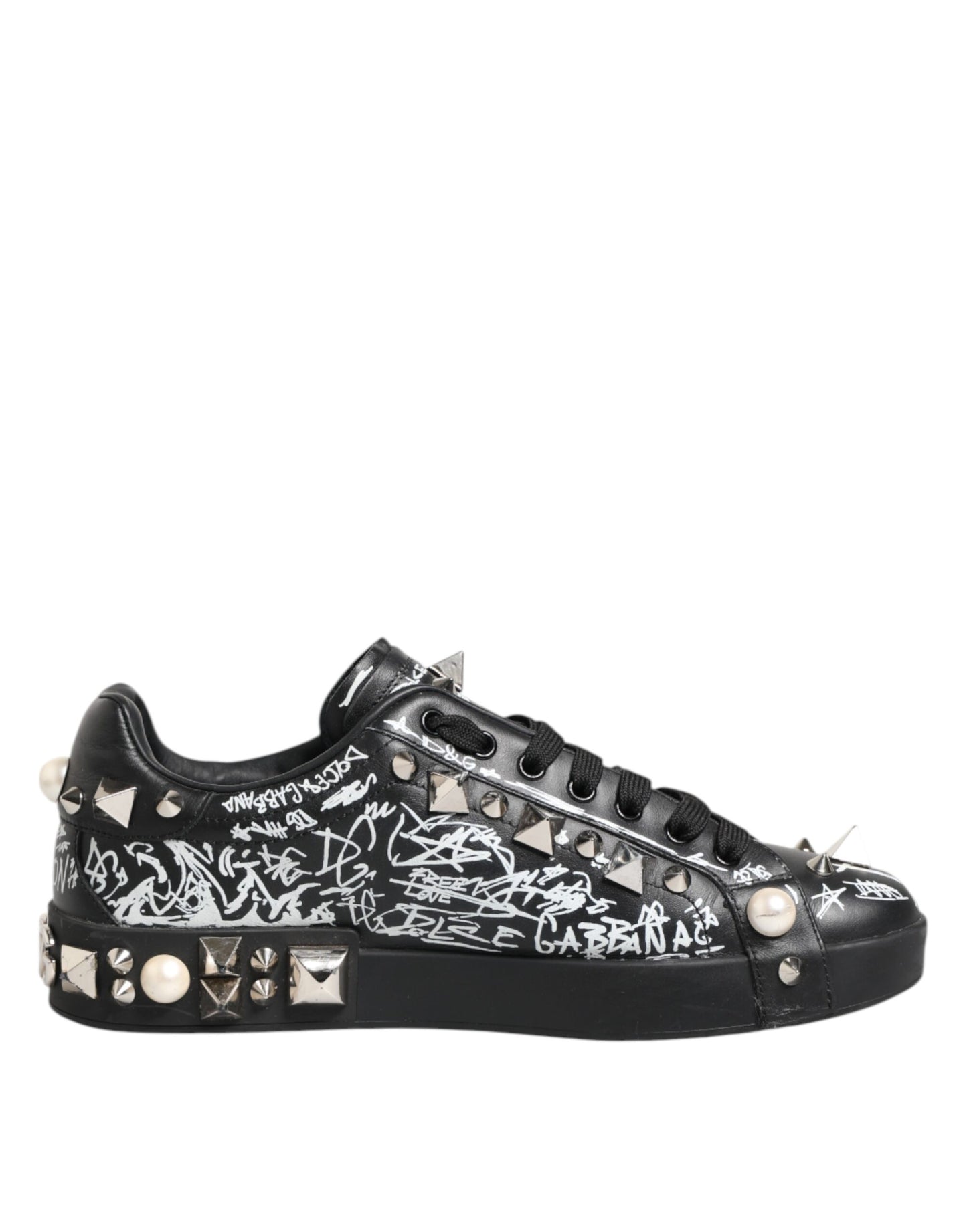 Dolce &amp; Gabbana Black Portofino Stud Embellished Sneakers Shoes