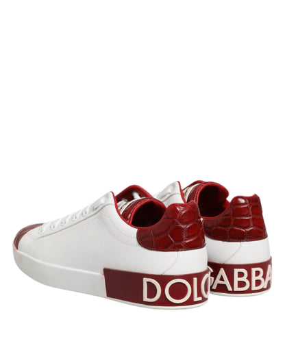 Dolce &amp; Gabbana White Red Leather Lace Up Sneakers Shoes