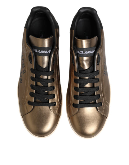 Dolce & Gabbana Gold Portofino Leather Low Top Sneakers Shoes by Dolce & Gabbana
