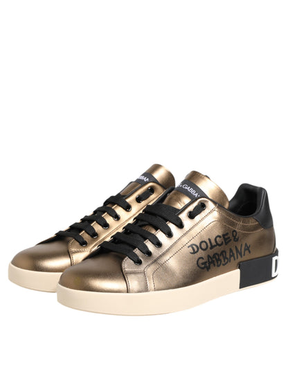 Dolce & Gabbana Gold Portofino Leather Low Top Sneakers Shoes by Dolce & Gabbana