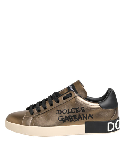 Dolce & Gabbana Gold Portofino Leather Low Top Sneakers Shoes by Dolce & Gabbana