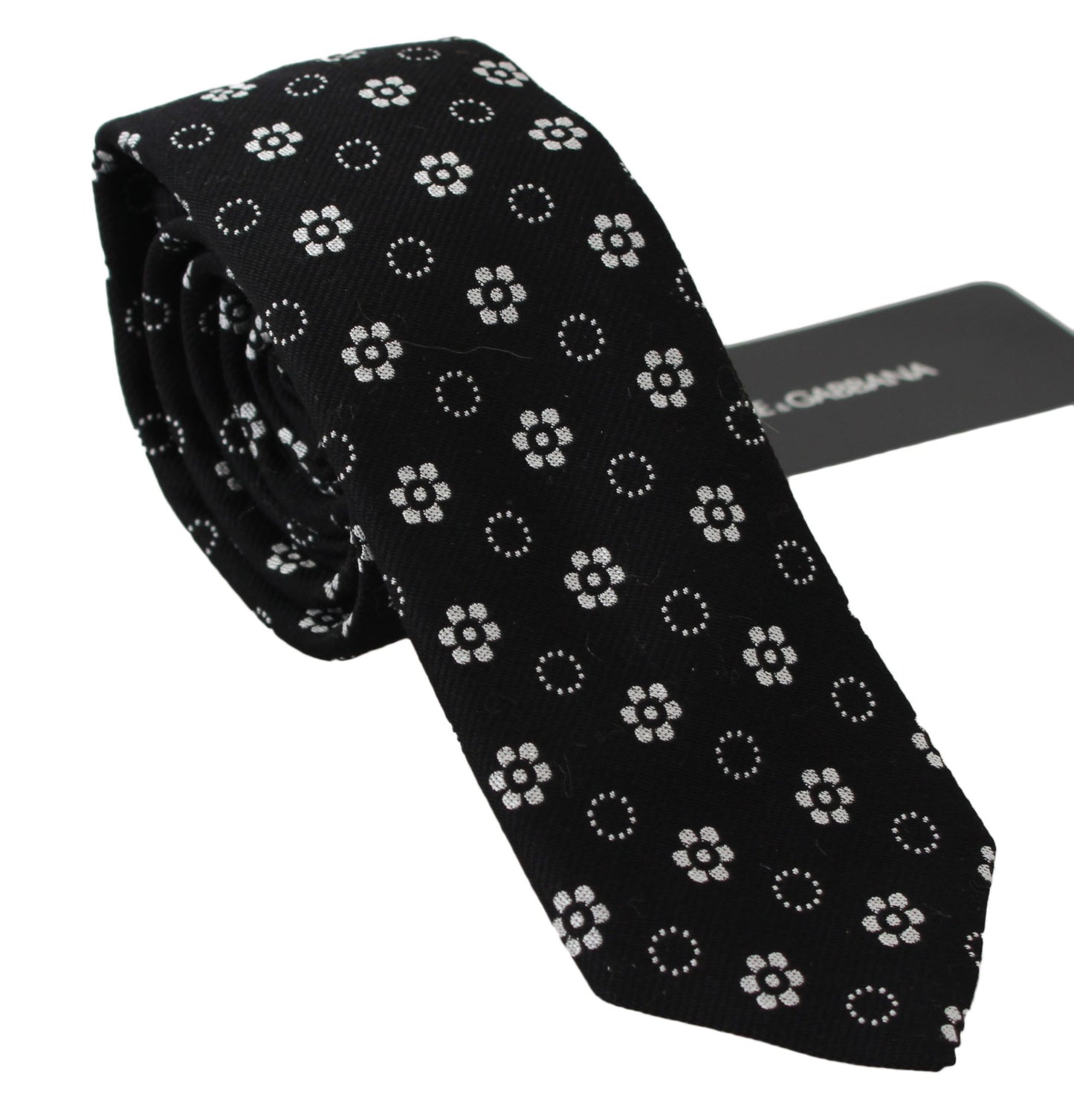 Dolce &amp; Gabbana Black 100% Silk Floral Print Classic Tie