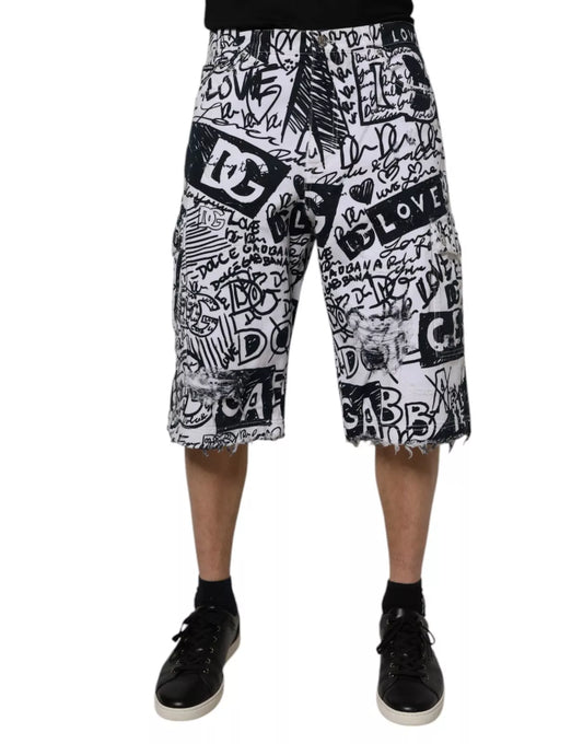 Dolce &amp; Gabbana White Graffiti Cotton Men Bermuda Denim Shorts