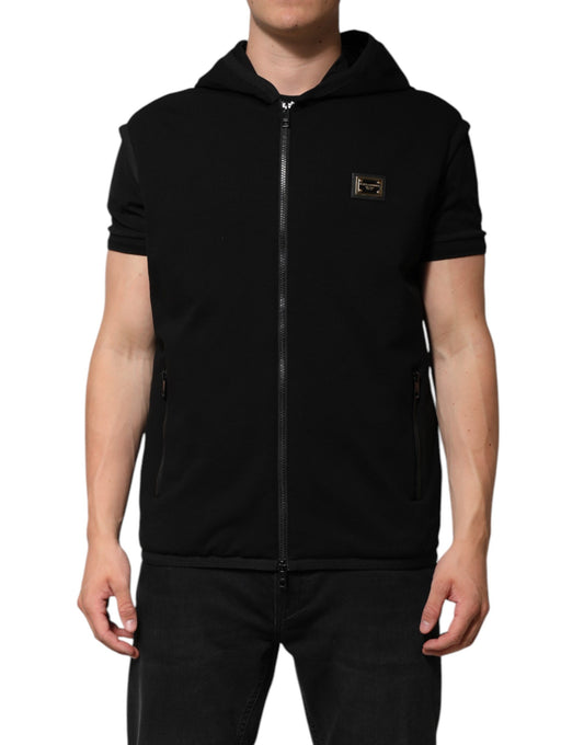 Dolce &amp; Gabbana Black Sleeveless Hooded Logo Plaque Jacket
