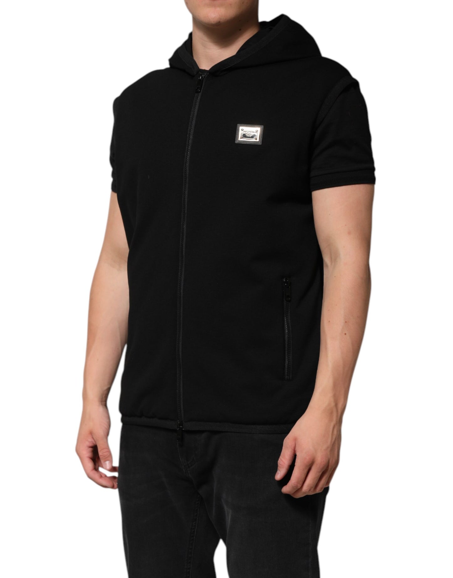 Dolce & Gabbana Black Sleeveless Hooded Logo Plaque Jacket by Dolce & Gabbana