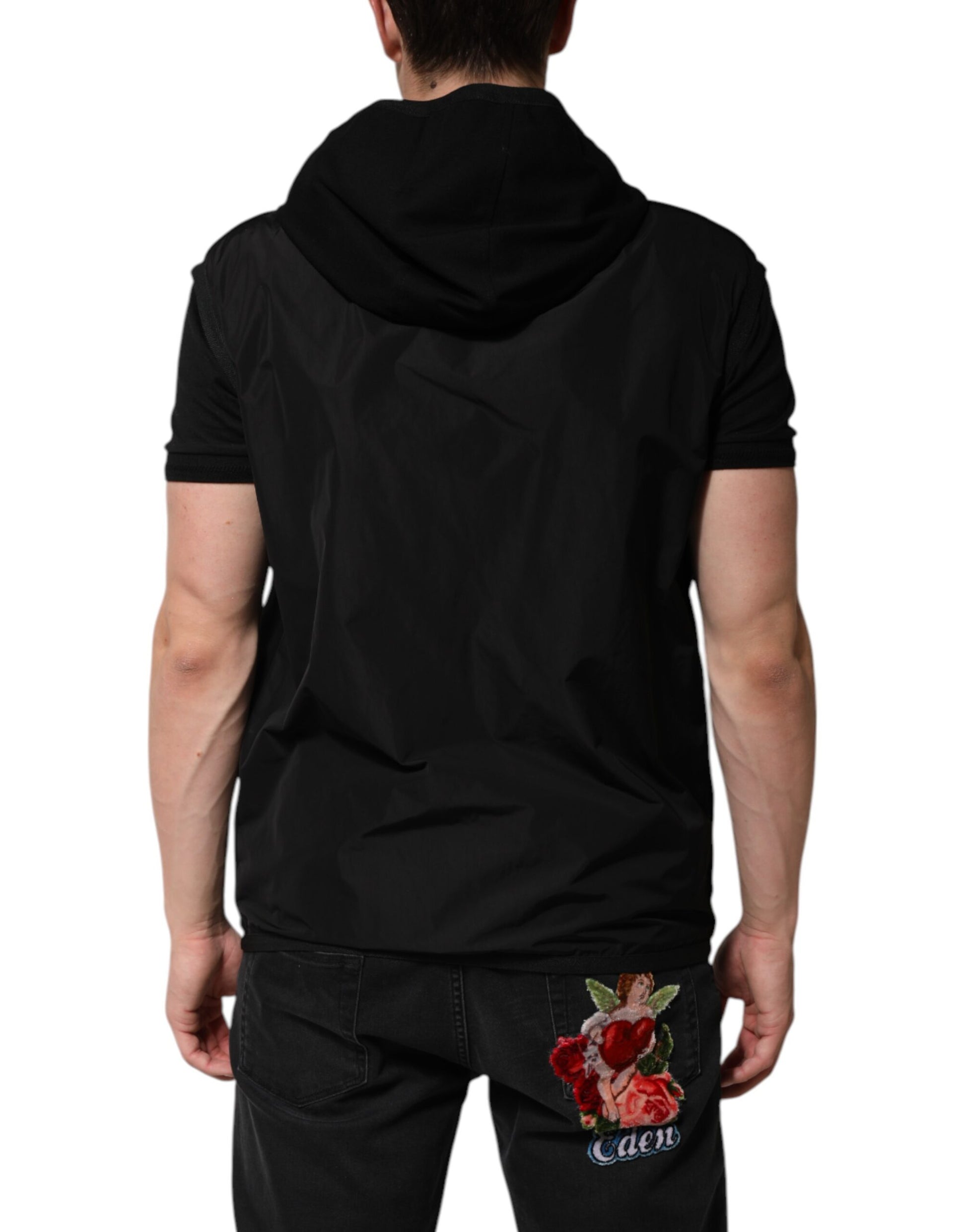 Dolce & Gabbana Black Sleeveless Hooded Logo Plaque Jacket by Dolce & Gabbana