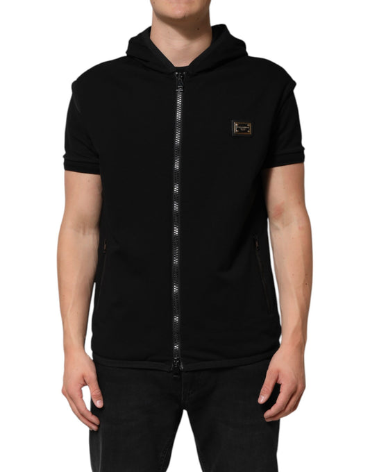 Dolce &amp; Gabbana Black Sleeveless Hooded Logo Plaque Jacket