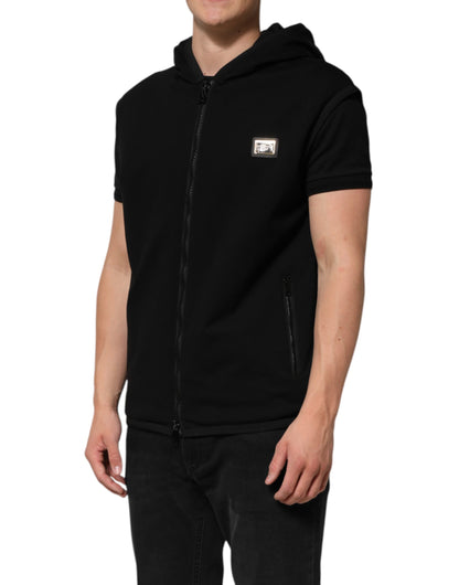 Dolce &amp; Gabbana Black Sleeveless Hooded Logo Plaque Jacket