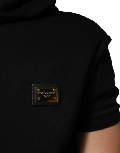 Dolce &amp; Gabbana Black Sleeveless Hooded Logo Plaque Jacket