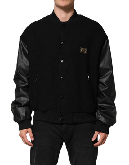 Dolce & Gabbana Black Wool Logo Plaque Bomber Jacket by Dolce & Gabbana