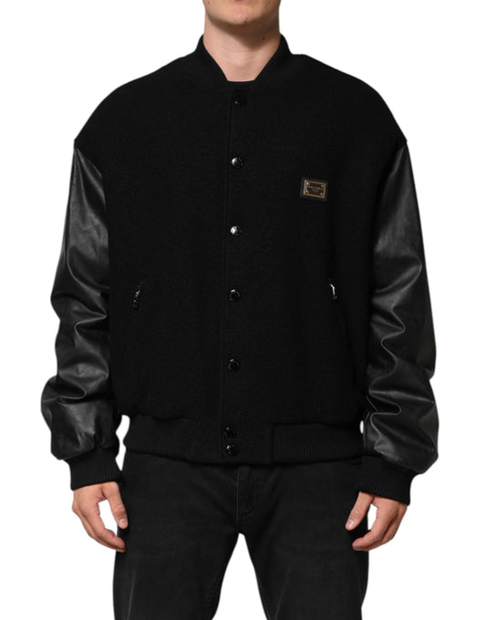 Dolce &amp; Gabbana Black Wool Logo Plaque Bomber Jacket