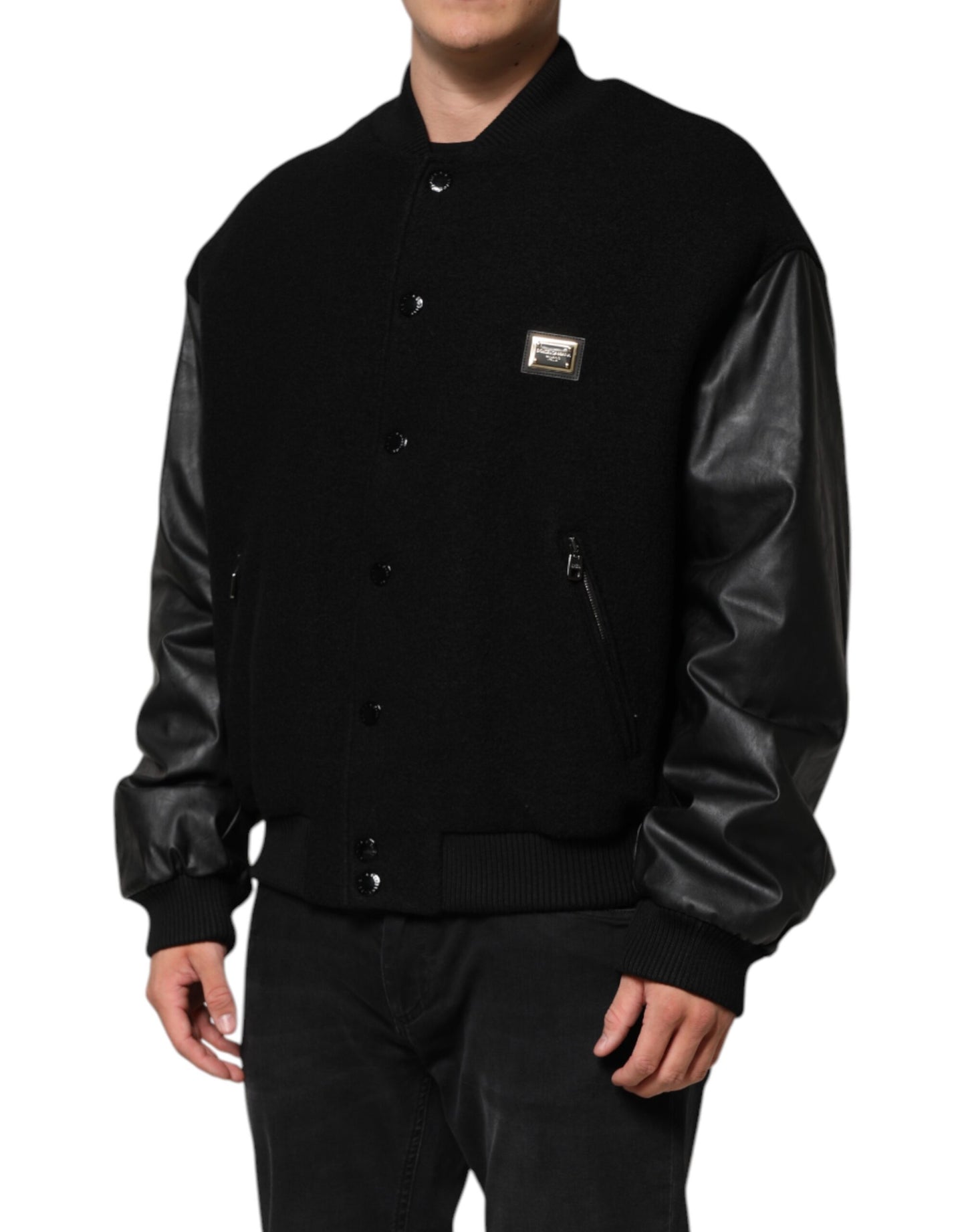 Dolce & Gabbana Black Wool Logo Plaque Bomber Jacket by Dolce & Gabbana