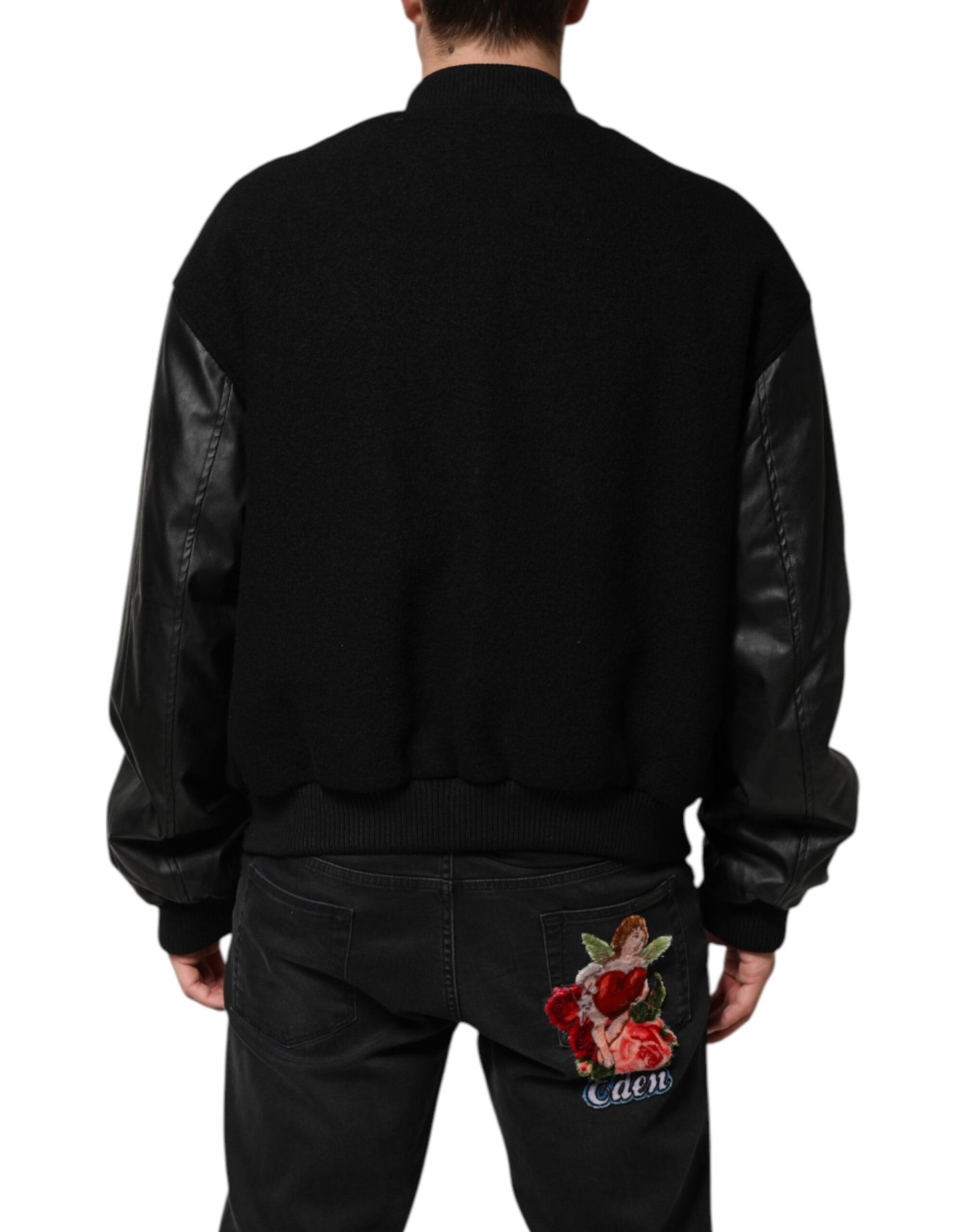 Dolce & Gabbana Black Wool Logo Plaque Bomber Jacket by Dolce & Gabbana