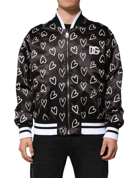 Dolce &amp; Gabbana Black Polyester Heart Print Bomber Jacket