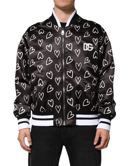 Dolce &amp; Gabbana Black Polyester Heart Print Bomber Jacket