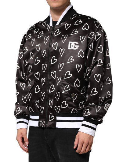 Dolce &amp; Gabbana Black Polyester Heart Print Bomber Jacket