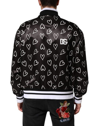 Dolce &amp; Gabbana Black Polyester Heart Print Bomber Jacket