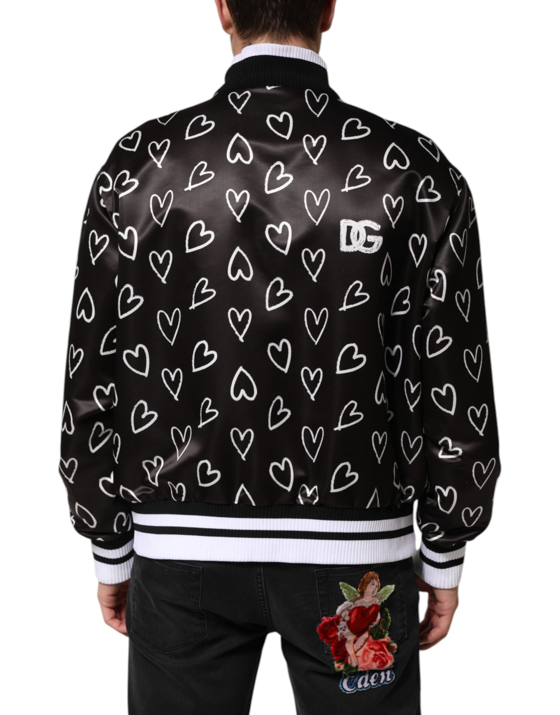 Dolce & Gabbana Black Polyester Heart Print Bomber Jacket by Dolce & Gabbana