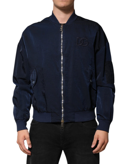 Dolce &amp; Gabbana Blue Nylon DG Embroidery Men Bomber Jacket