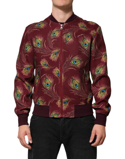 Dolce & Gabbana Maroon Peacock Feather Print Bomber Jacket by Dolce & Gabbana