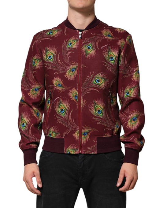 Dolce &amp; Gabbana Maroon Peacock Feather Print Bomber Jacket
