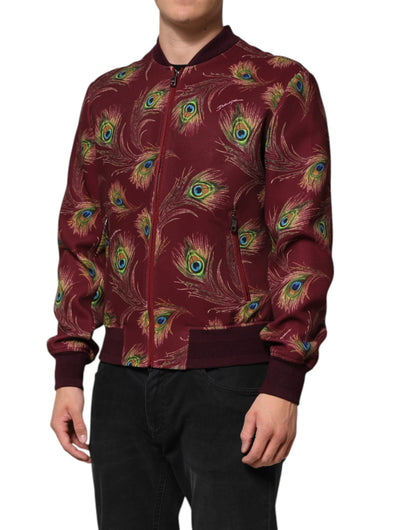 Dolce & Gabbana Maroon Peacock Feather Print Bomber Jacket by Dolce & Gabbana