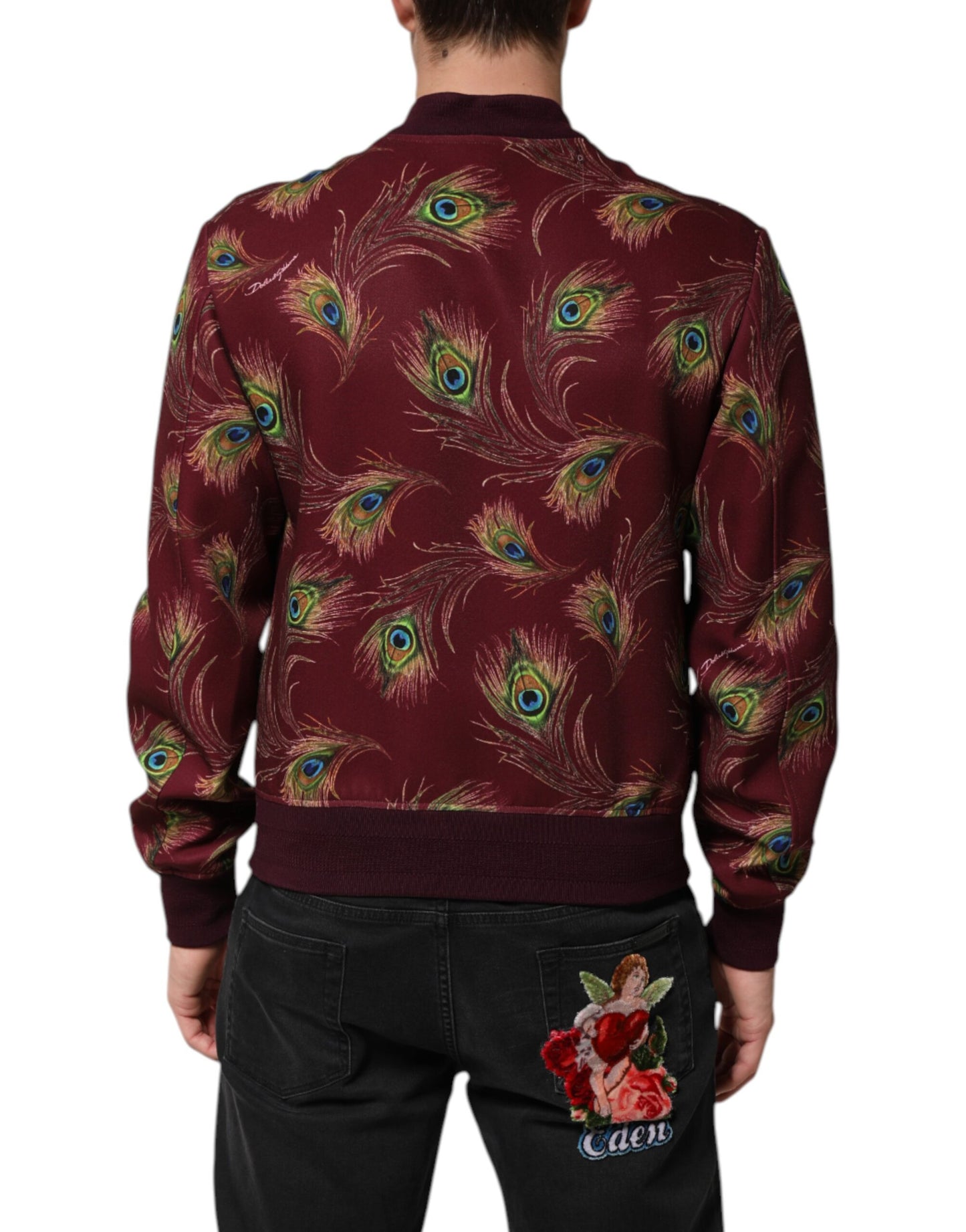 Dolce & Gabbana Maroon Peacock Feather Print Bomber Jacket by Dolce & Gabbana