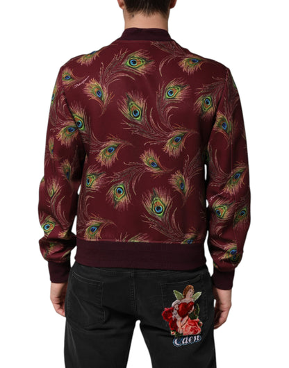 Dolce & Gabbana Maroon Peacock Feather Print Bomber Jacket by Dolce & Gabbana