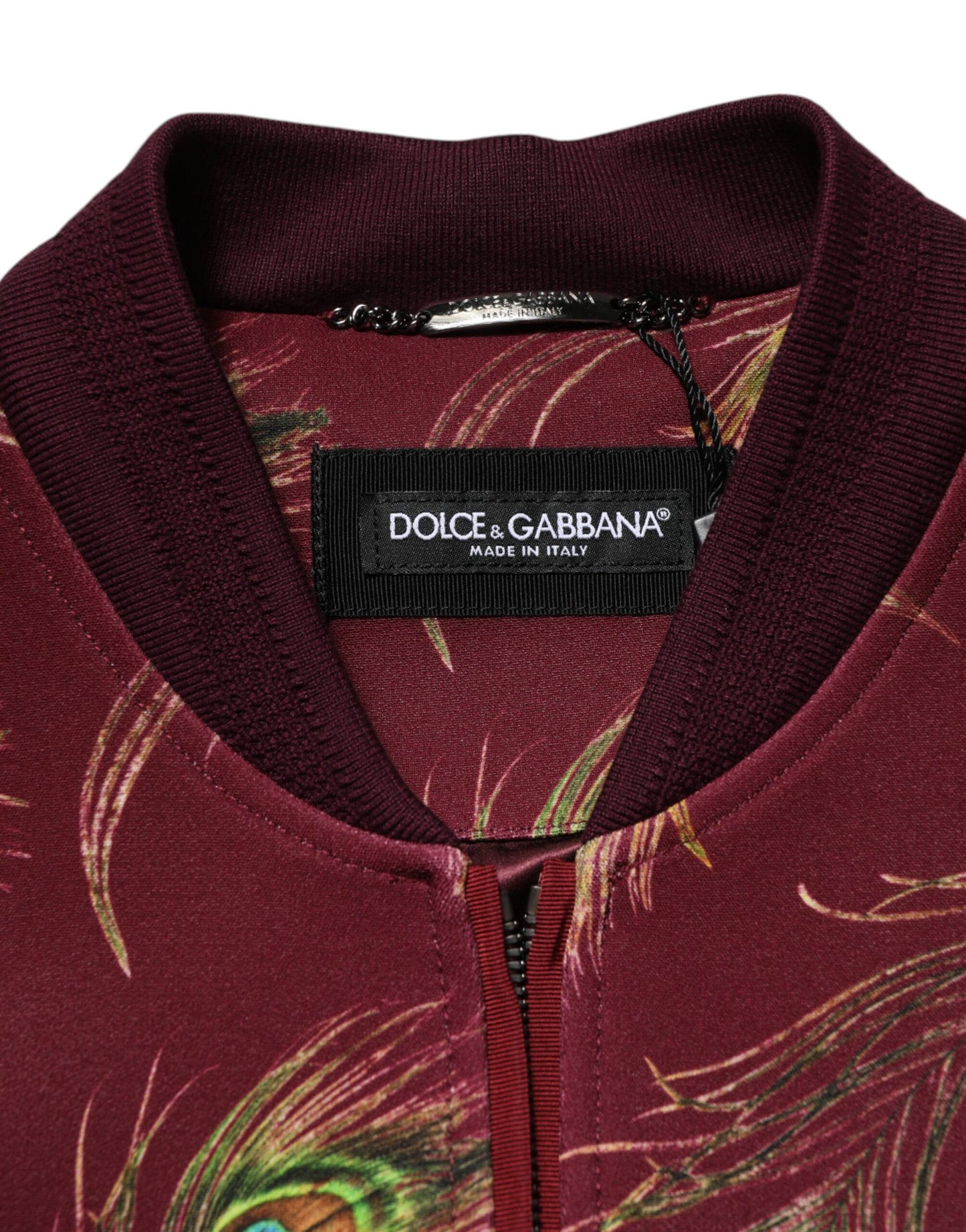 Dolce & Gabbana Maroon Peacock Feather Print Bomber Jacket by Dolce & Gabbana