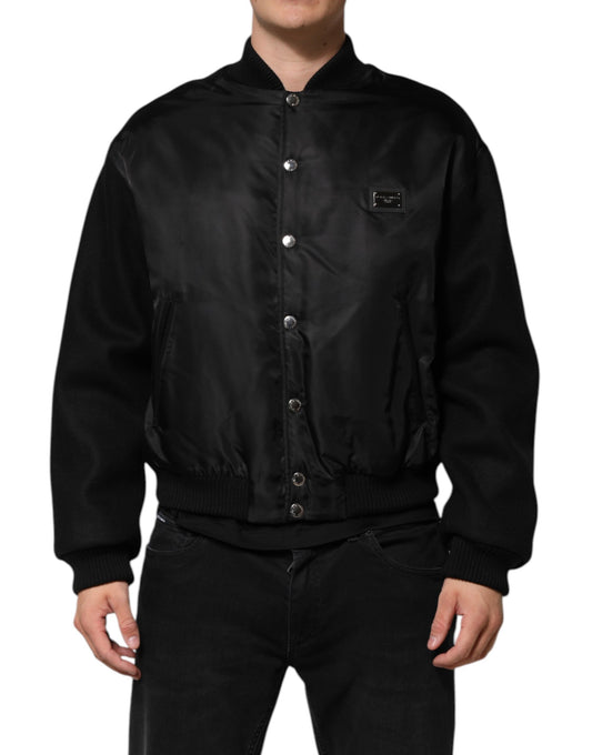 Dolce &amp; Gabbana Black Polyester Logo Plaque Bomber Jacket