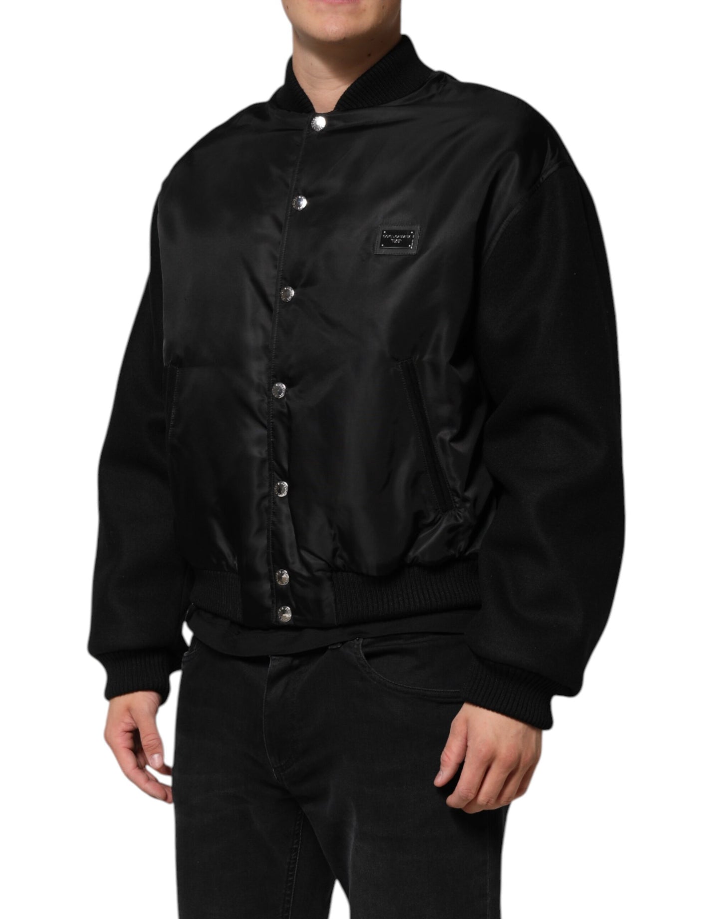 Dolce & Gabbana Black Polyester Logo Plaque Bomber Jacket by Dolce & Gabbana