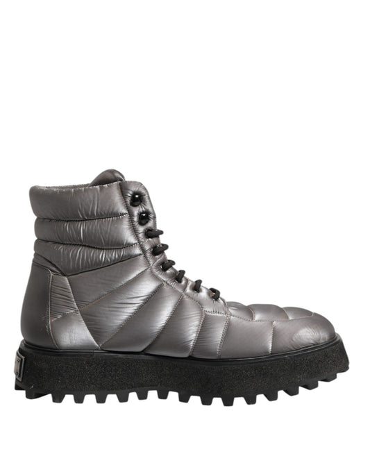 Dolce &amp; Gabbana Silver Padded Mid Calf Lace Up Boots Shoes