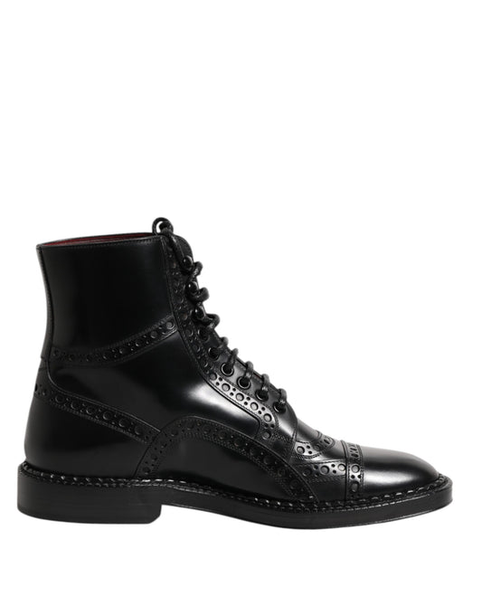 Dolce &amp; Gabbana Black Leather Lace Up Mid Calf Boots Shoes