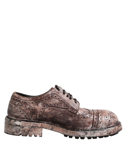 Dolce &amp; Gabbana Brown Leather Distressed Brogue Lace Up Shoes