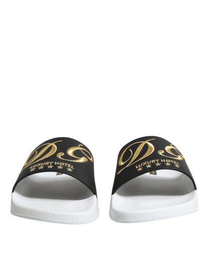 Dolce &amp; Gabbana White Black Leather Sandals Beachwear Shoes