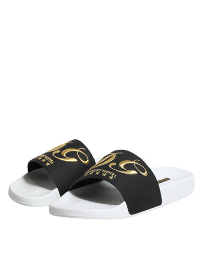 Dolce &amp; Gabbana White Black Leather Sandals Beachwear Shoes