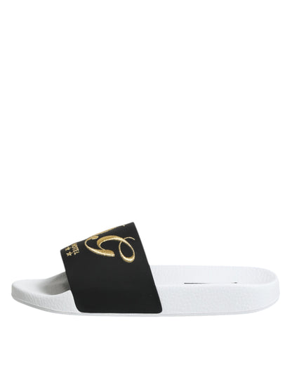 Dolce &amp; Gabbana White Black Leather Sandals Beachwear Shoes