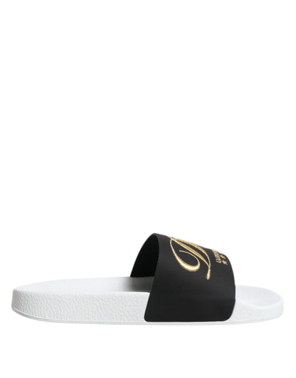 Dolce &amp; Gabbana White Black Leather Sandals Beachwear Shoes