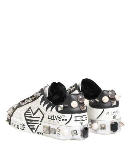 Dolce & Gabbana White Studded Printed Low Top Sneakers Shoes - from Dolce & Gabbana