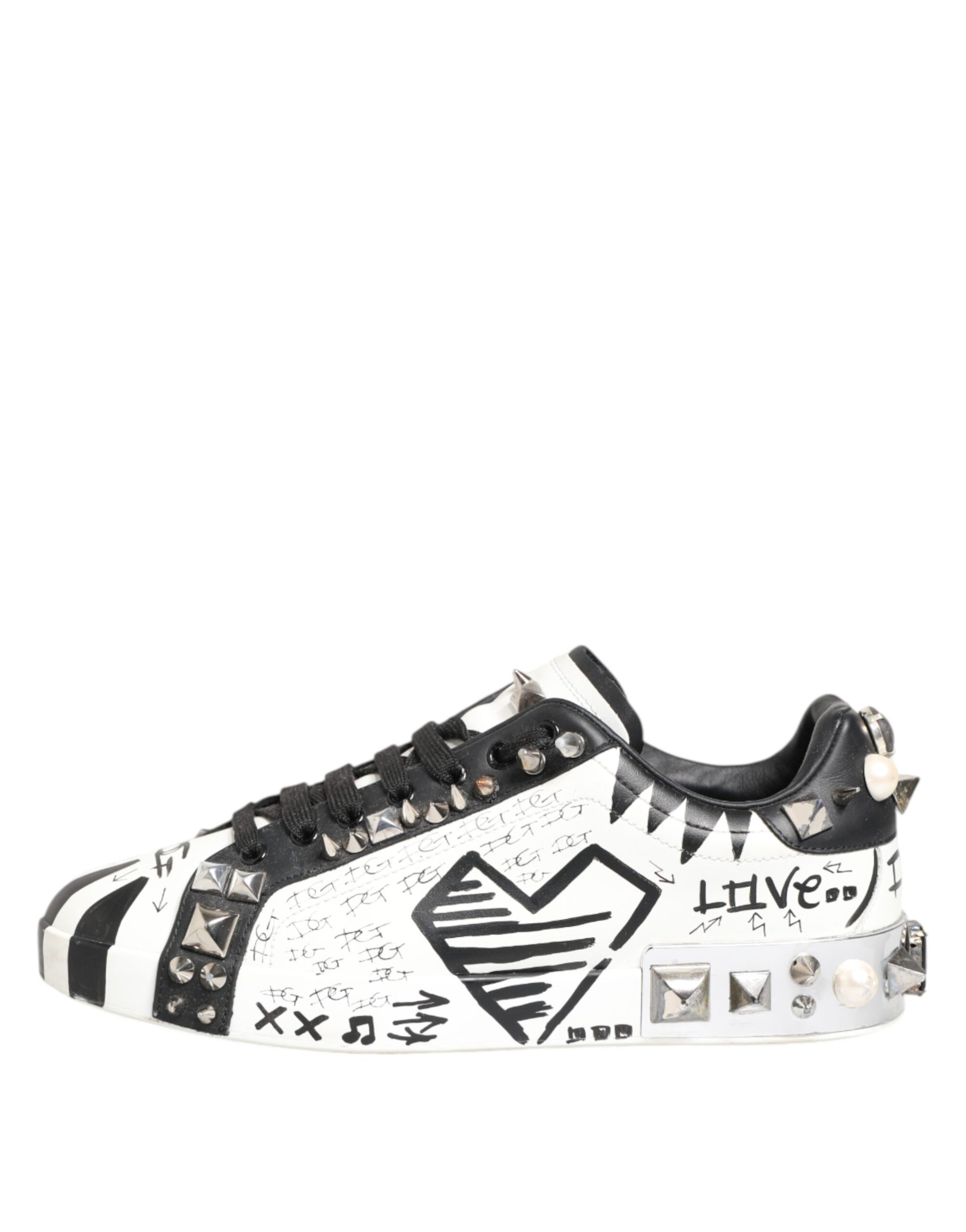 Dolce & Gabbana White Studded Printed Low Top Sneakers Shoes - from Dolce & Gabbana