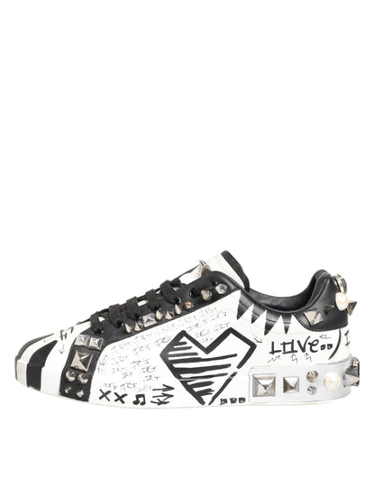 Dolce & Gabbana White Studded Printed Low Top Sneakers Shoes - from Dolce & Gabbana