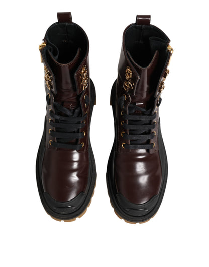 Dolce &amp; Gabbana Maroon Leather Mid Calf Biker Boots Shoes