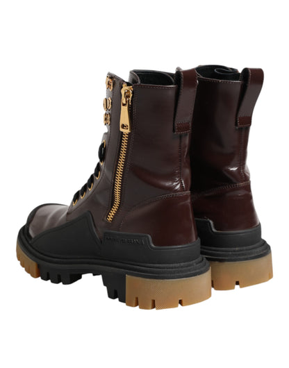 Dolce &amp; Gabbana Maroon Leather Mid Calf Biker Boots Shoes