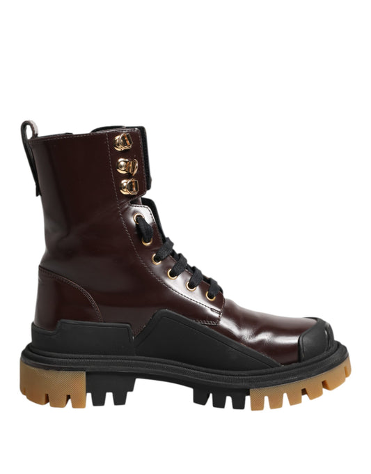 Dolce &amp; Gabbana Maroon Leather Mid Calf Biker Boots Shoes